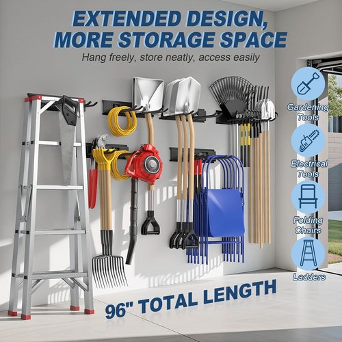 Housolution Heavy-Duty Garage Wall Organizer - 96 Inch Tool Storage System with 12 Adjustable Hooks