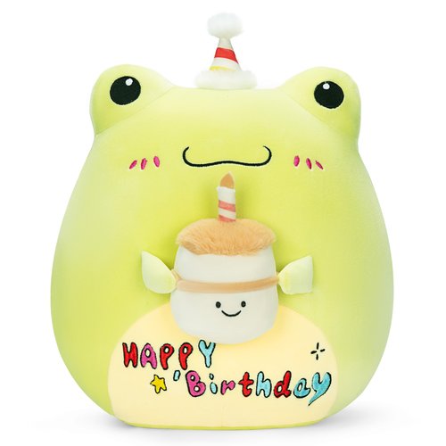 PLAYNICS Original 14-inch Large Happy Birthday Frog Plush Pillow Stuffed Animal Toy,Big Size Cute Soft Toys Fat Kawaii Cuddle Huggable Plushie,Gift for Kids