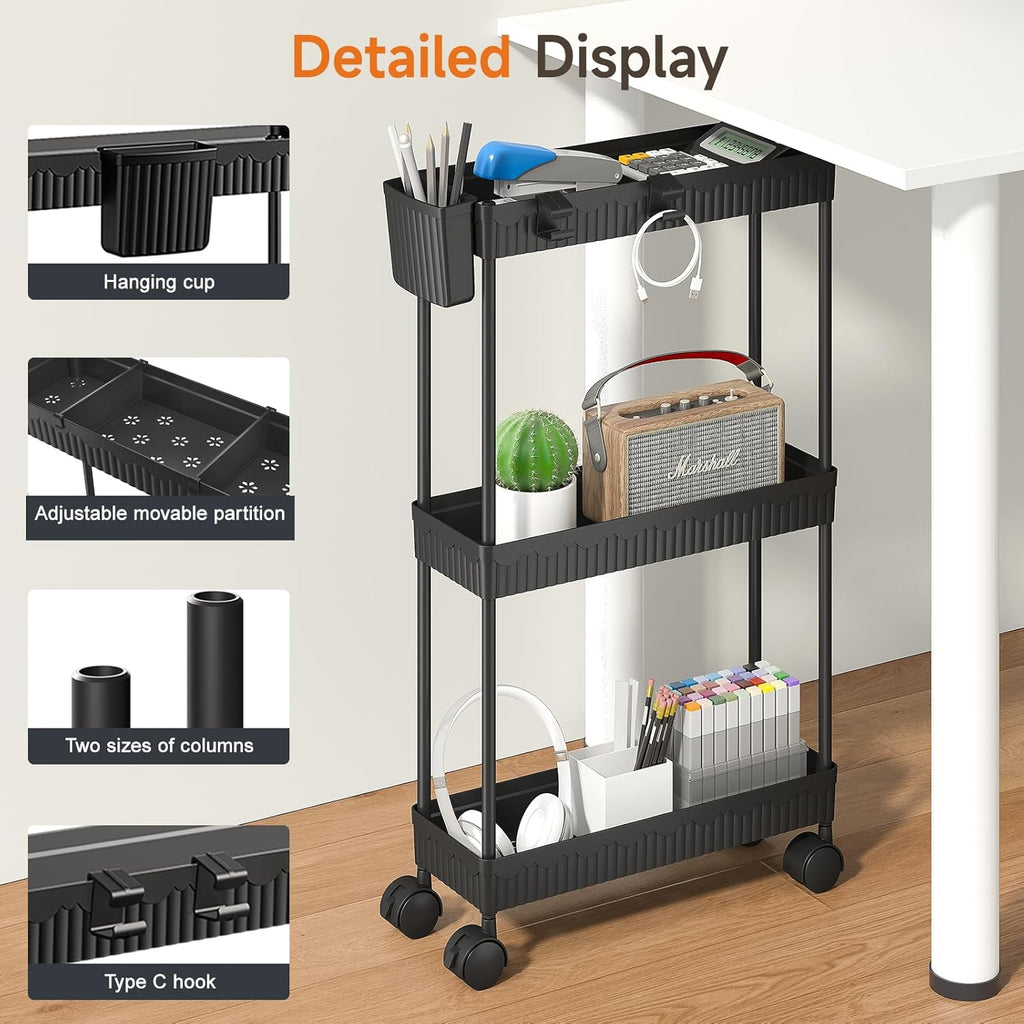 Sevenblue Slim Storage Rolling Cart - 3 Tier Utility Organizer with Wheels for Kitchen & Bathroom (Black)