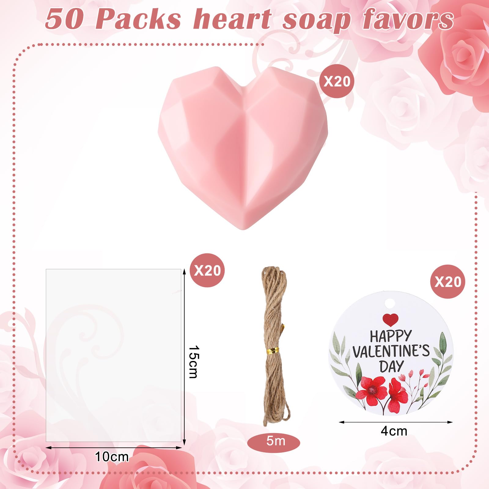 Loopeer 20 Set Pink Heart Shaped Soap Gift for Guests Valentine's Day Soap with Happy Valentine's Day Tags Transparent Bags Wedding Bridal Shower Baby Shower Return Gift for Guest Birthday Party Favor