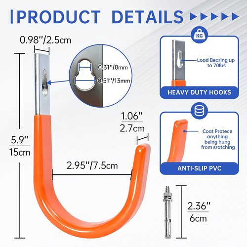 Heavy Duty Wall Hooks by [Brand Name] - Steel Utility Tool Organizer for Garage & Garden | 2-Pack, Orange