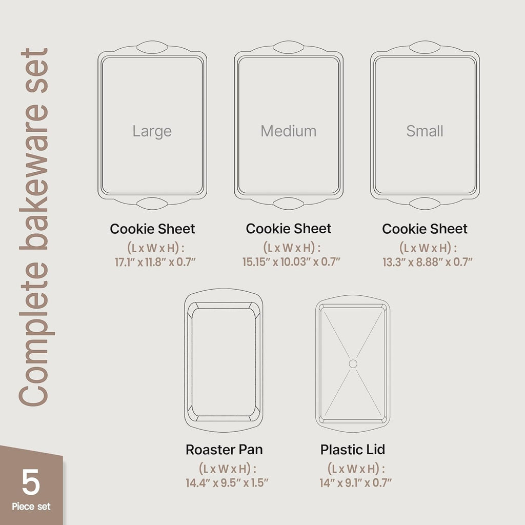 Skiennix Nonstick Cookie Sheet Pans Set of 5 - Professional Carbon Steel Baking Trays with Gray Coating | Small, Medium, Large Sizes & Roaster Pan