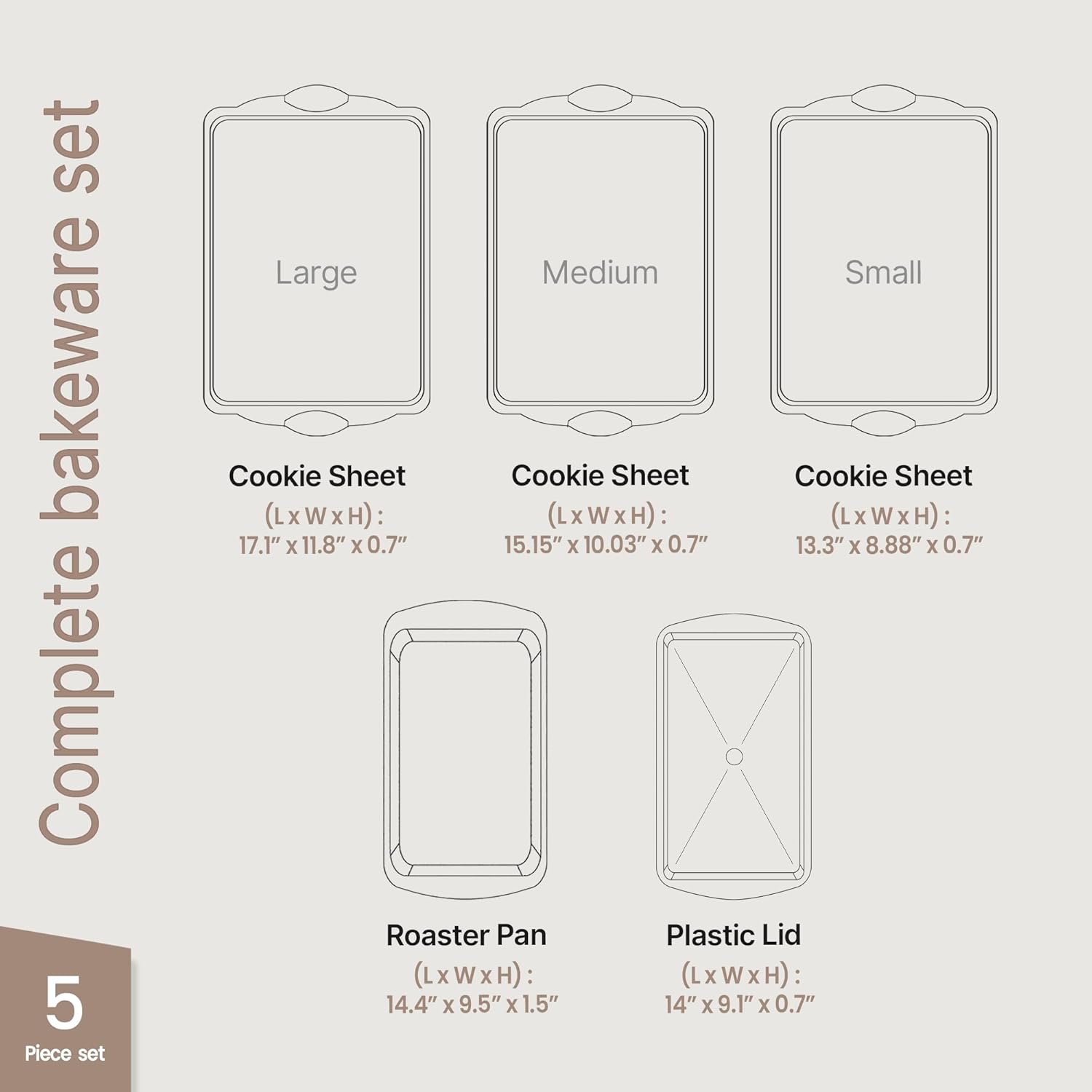 Skiennix Nonstick Cookie Sheet Pans Set of 5 - Professional Carbon Steel Baking Trays with Gray Coating | Small, Medium, Large Sizes & Roaster Pan