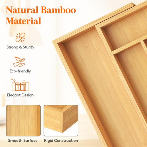 Lifewit Expandable Bamboo Silverware Drawer Organizer - Adjustable Utensil Tray for Kitchen | 21.4 to 36 Inches Wide, 13 Compartments