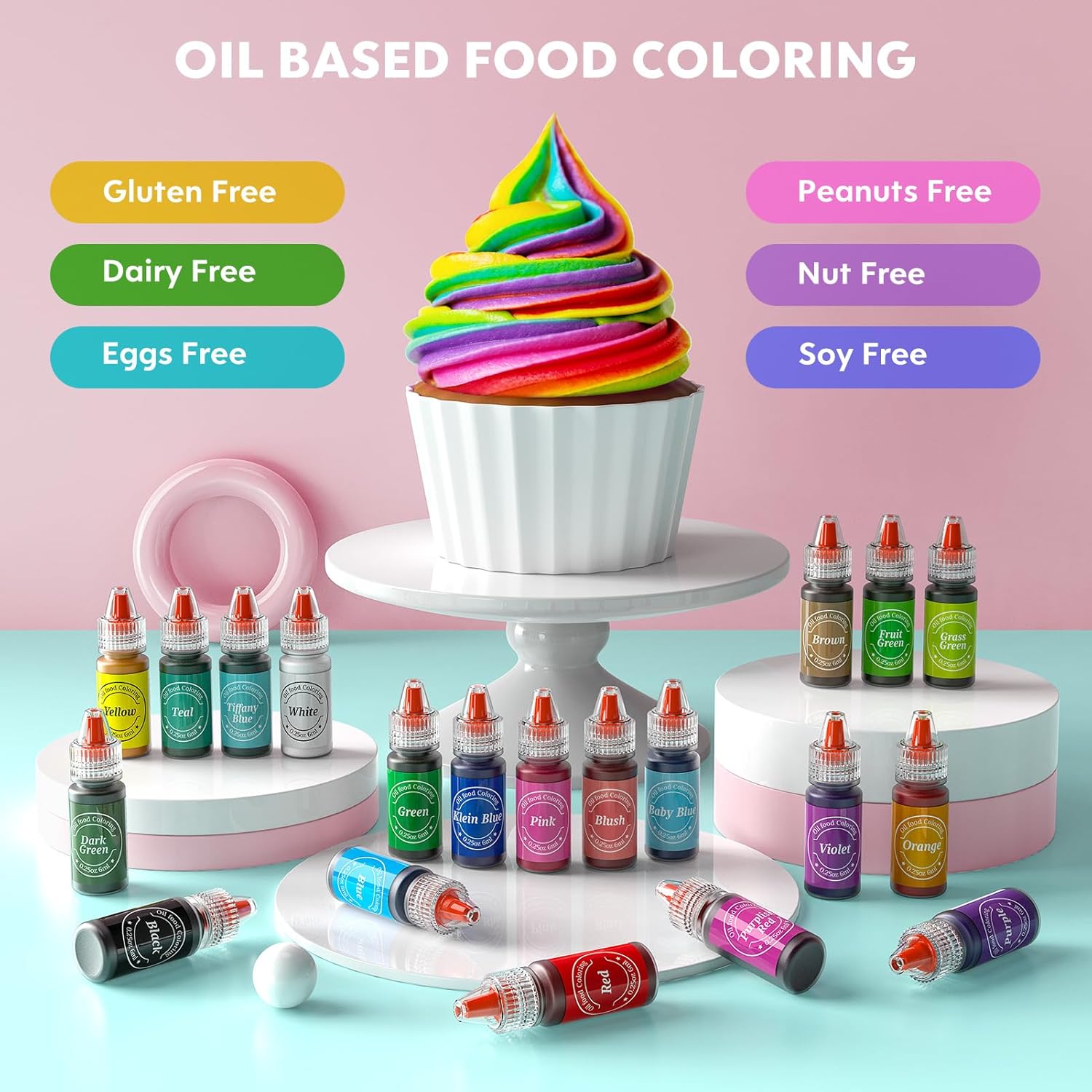 Nomeca Oil-Based Food Coloring Set - 20 Vibrant Colors for Cake Decorating | Food-Grade Edible Dye - 0.25 Fl. Oz Bottles