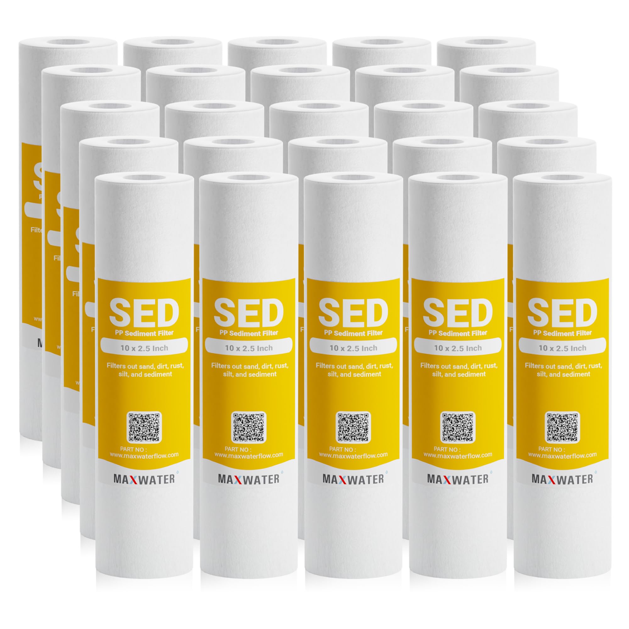 Max Water 1 Micron 10 x 2.5 Sediment Filter Cartridge Replacement for Reverse Osmosis and Whole House Water Filter, Compatible with Well Water Filters - P5, AP110, WHKF-GD05, WFPFC5002 (25 Pack)