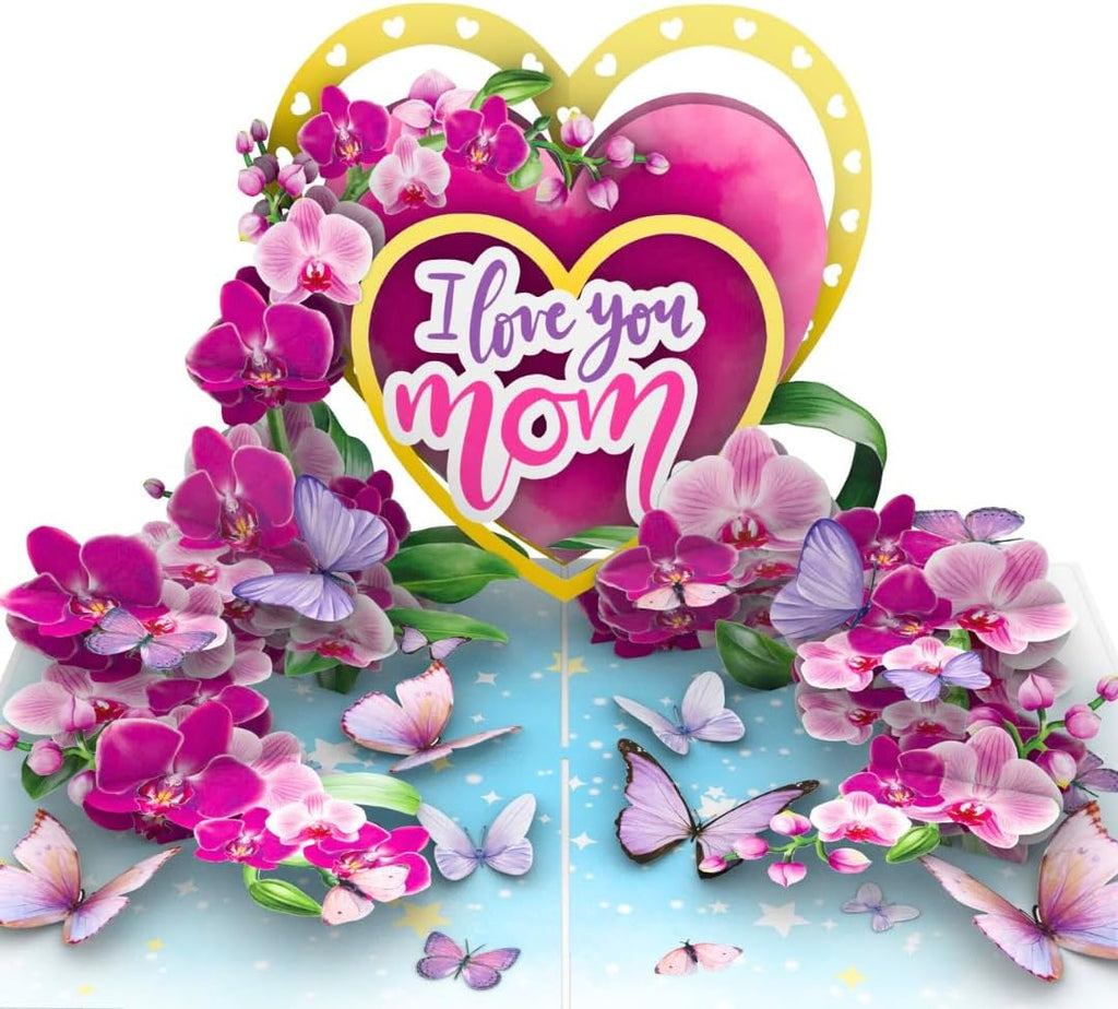 Regine Switzerland 3D Pop-Up Mother's Day Card - "I Love You Mom" Orchid Design | Premium Greeting Card with Envelope