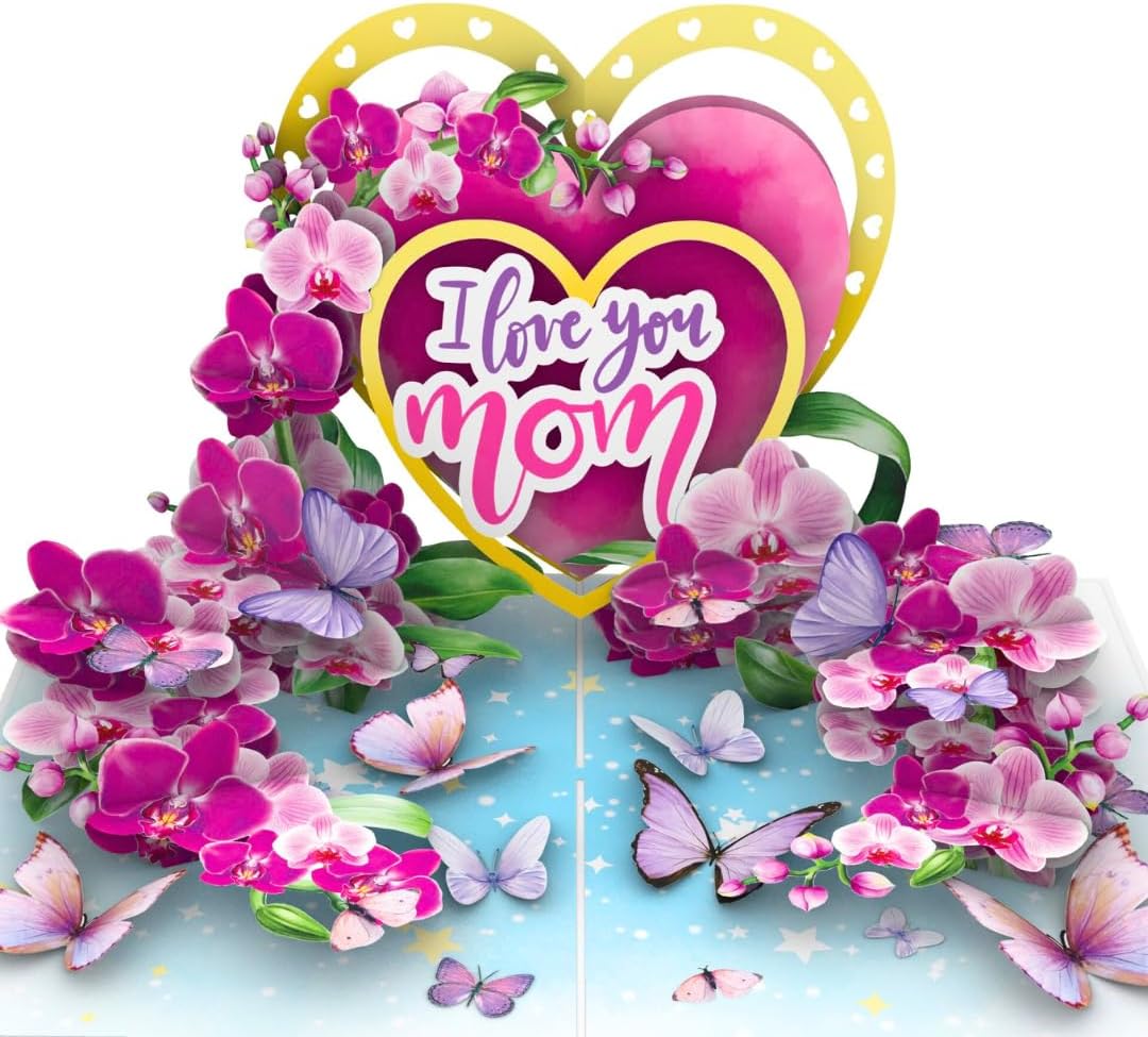 Regine Switzerland 3D Pop-Up Mother's Day Card - "I Love You Mom" Orchid Design | Premium Greeting Card with Envelope