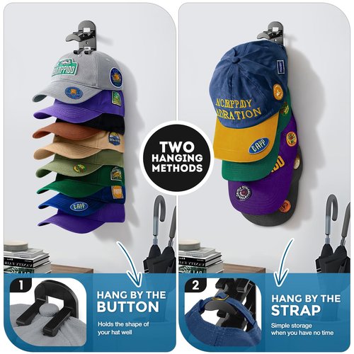 2 Pack Hat Organizer for Baseball Caps, Hat Rack for Wall Hold Up to 20 Hats, Hat Holder with Strong Adhesive and Screws, Hat Organizer Wall Mounted Hat Hanger Display for Door Closet Bedroom(B-Black)