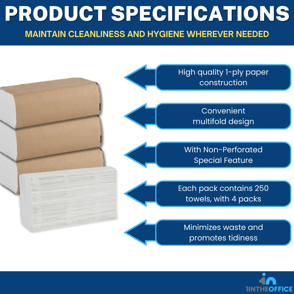 1InTheOffice Multifold Paper Towels, Paper Hand Towels for Bathroom, Folded Paper Towels, 1-Ply, 9" x 9.45", 250 Towels/Pack, 4 Pack