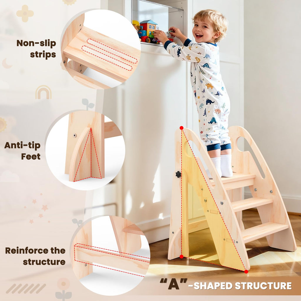 Toddler Step Stool, Wooden Foldable 3-Step Stool for Kids, Potty Training Stool with Handles and Non-Slip Strips for Bathroom Sink, Kitchen, Bedroom