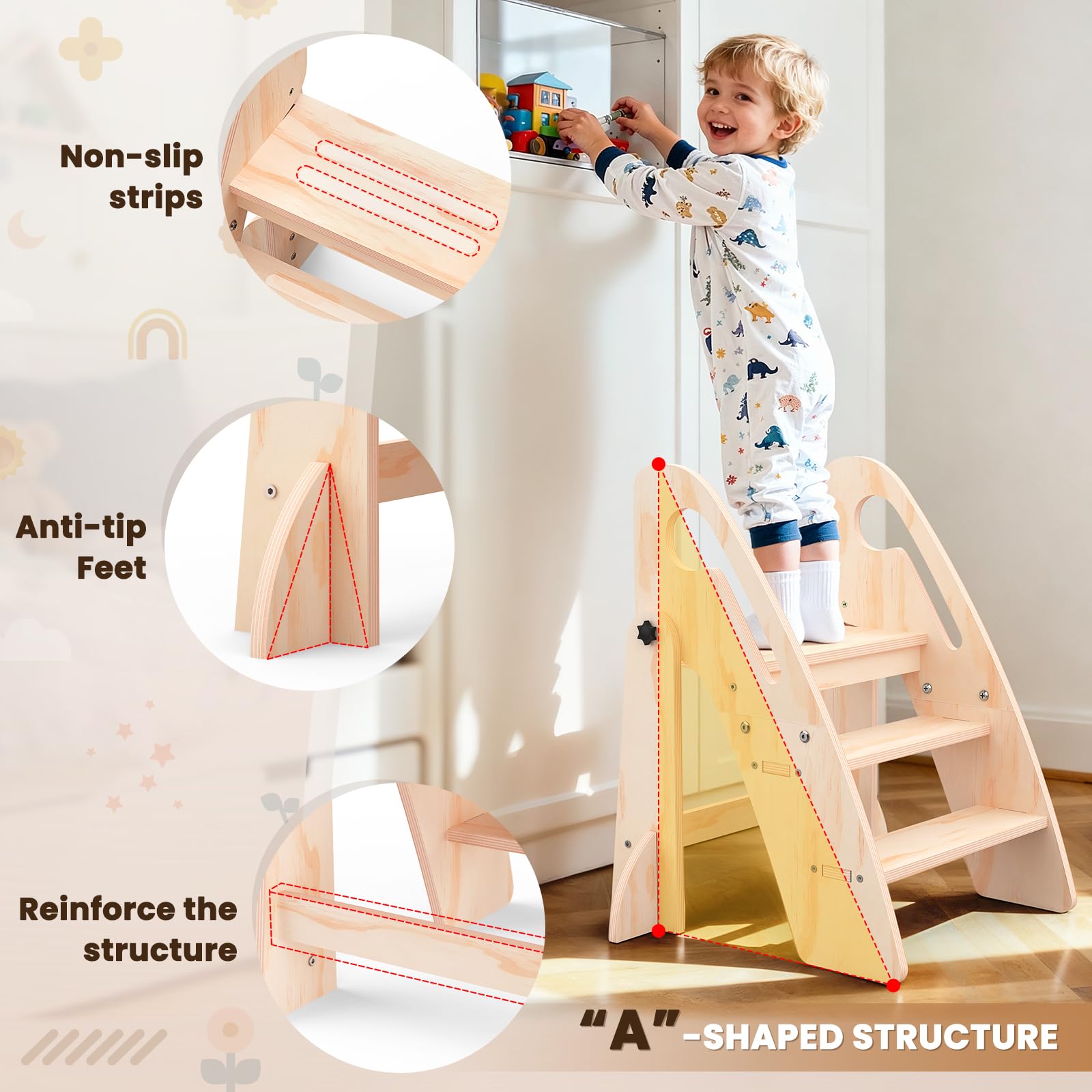 Toddler Step Stool, Wooden Foldable 3-Step Stool for Kids, Potty Training Stool with Handles and Non-Slip Strips for Bathroom Sink, Kitchen, Bedroom