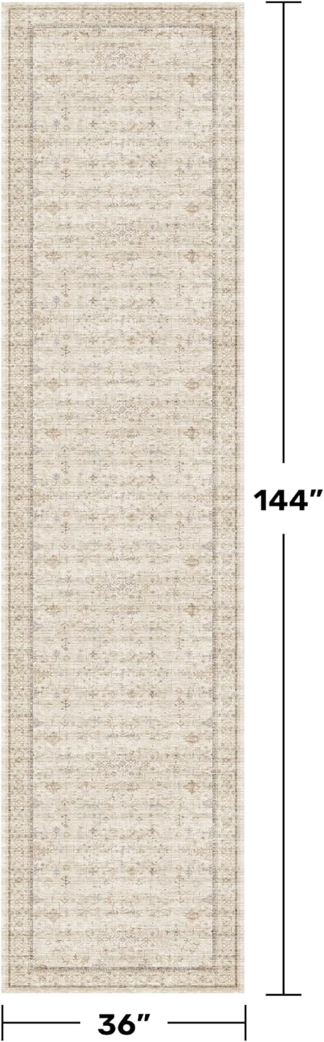 Beige Floral 3x12 Washable Hallway Runner Rug - Non-Slip Low-Pile Vintage Oriental Carpet