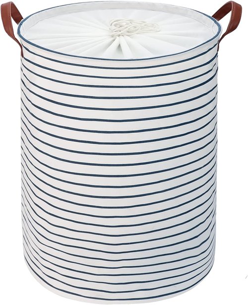 DOKEHOM 20-Inch Freestanding Laundry Basket - Collapsible Drawstring Hamper with Lid & Handle | Blue Stripe, Large