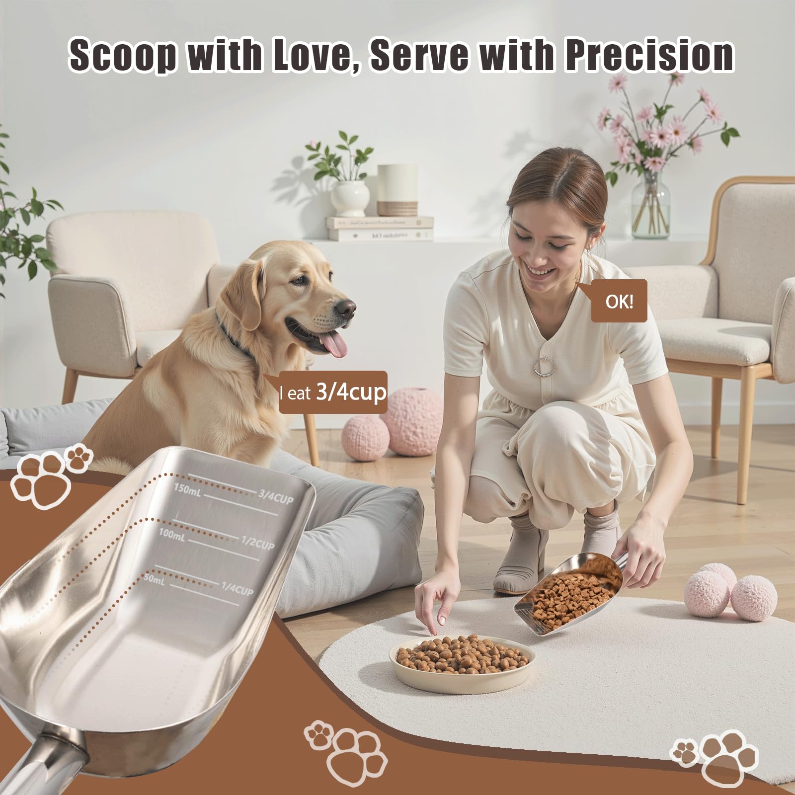 Mutclord Pet cat-dog food-scoop measuring cup - Food-grade 304 stainless steel material | 3/4 Cup capacity | Precision scale measurements