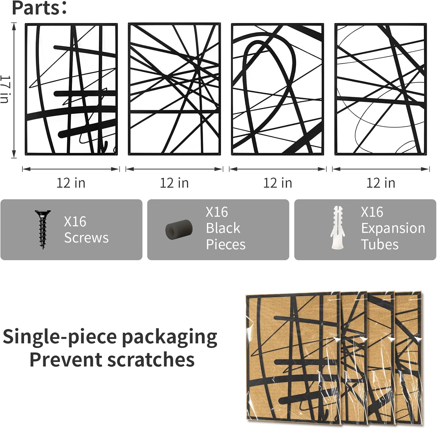 Art3dwallpanels Black Abstract Wall Art - Metal Line Art Decor | 3D Textured Sculptures, 17" x 12", 4 Pack