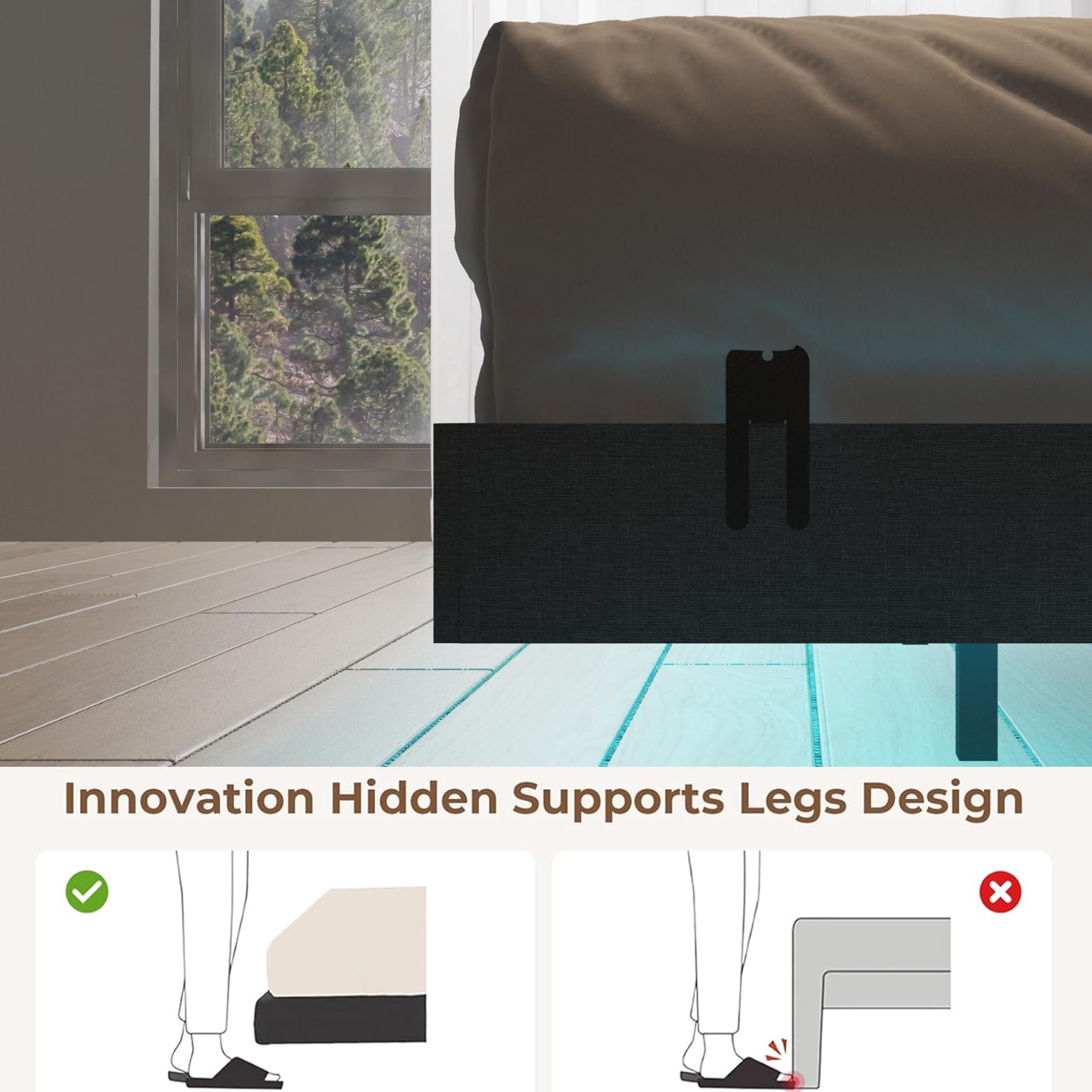 Muluflower Floating Bed Frame Full Size with LED Lights and Charging Station, Grey Linen Metal Platform Bed Frame, Easy Assembly, No Box Spring Needed (Full)
