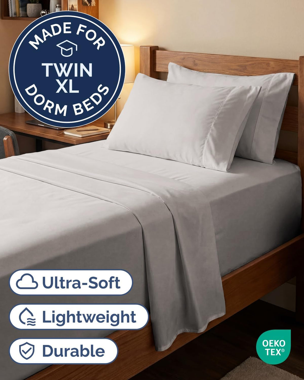Skiennix Extra Deep Twin XL Sheet Set | 4-Piece Breathable Cooling Bedding - Soft, Wrinkle-Free Light Grey