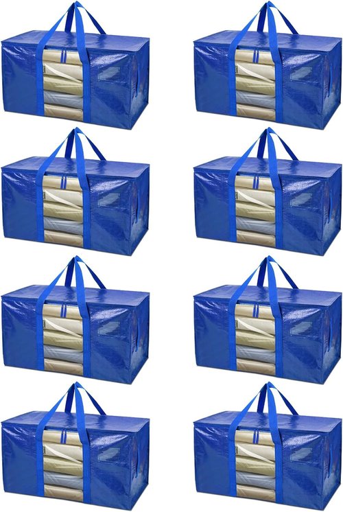 BALEINE 8-Pack Heavy-Duty Moving Bags - Oversized Storage Totes with Reinforced Handles (Blue w/Window)