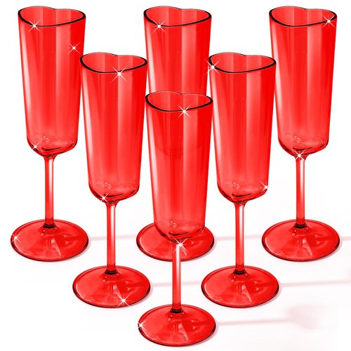 Teenyyou 6 Pcs Valentine's Day Red Champagne Flutes 6 oz Heart Shaped Acrylic Champagne Flutes Valentine's Day Party Wine Cups Red Goblets Glasses for Wedding Anniversary New Year Party Supply