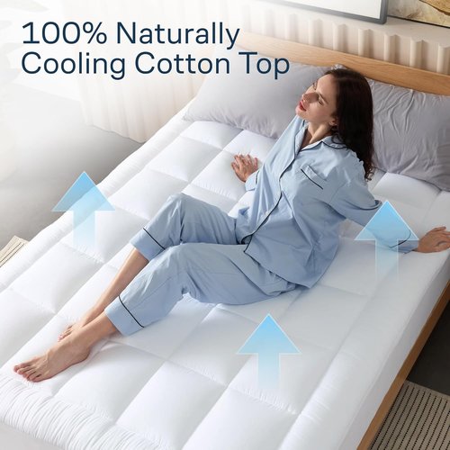 Cloud-Like Mattress Topper | 100% Cotton Full Size Pad for Breathable Back Support - Naturally Cooling, White