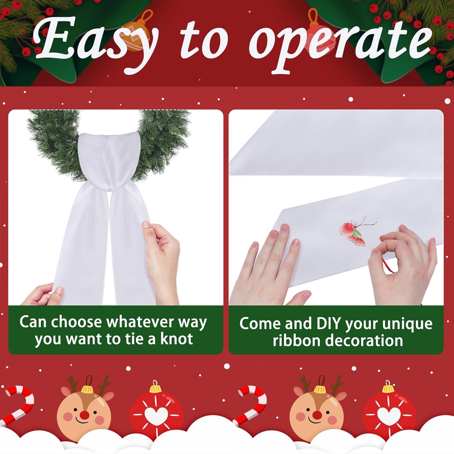 RunNico Wreath Sash - 4 Pack 4.5" W x 56.3" L | White Blank Embroidered Holiday Decor for Front Door
