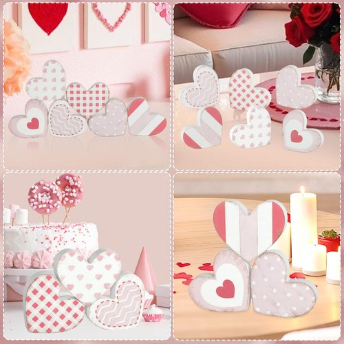 6Pcs Valentine's Day Wooden Hearts Tiered Tray Decor, Farmhouse Distressed Pink Heart Shaped Love Signs Table Decor for Home Office Tabletop