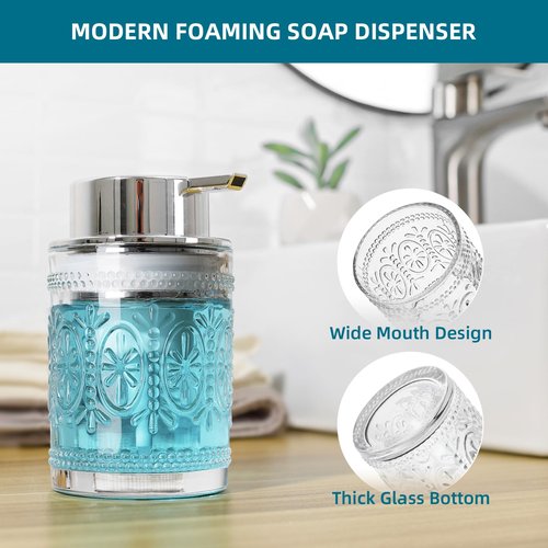KASUNTING Foaming Soap Dispenser, Clear Glass Foam Hand Soap Dispenser for Bathroom, Refillable 7.8 Fl Oz Foamy Pump Bottle with Plastic Sliver Pump, Vintage Dish Soap Foam Dispenser