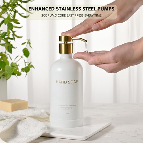 Glass Soap Dispenser Set by Janxin,Bathroom Soap Dispenser Set with Ceramic Tray,Luxury Bathroom Accessories,Modern Kitchen Decor (White+Gold(Hand Soap))
