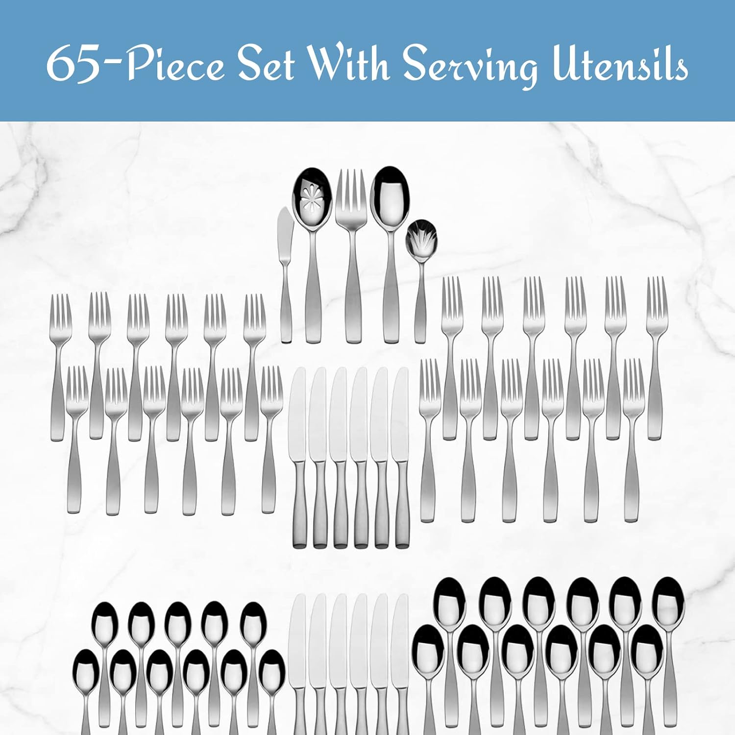 Mikasa Satin Loft 65-Piece Flatware Set - Elegant 18/10 Stainless Steel Silverware for 12 | Durable Forks, Knives & Spoons