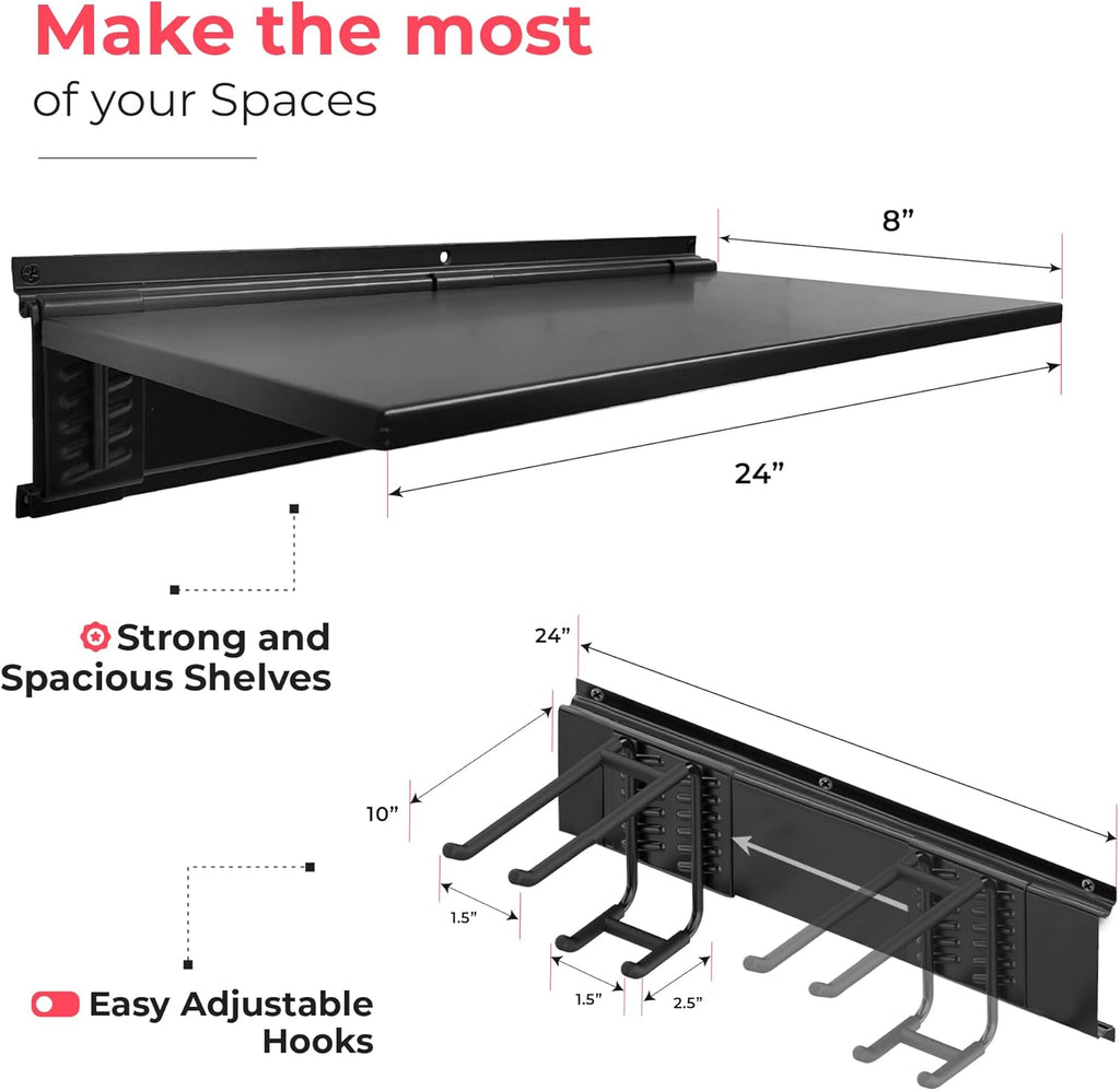 TIDYME Heavy-Duty Garage Wall Storage System - Wall-Mounted Tool Organizer Rack with 12-Piece Kit & Double-Layered Hooks