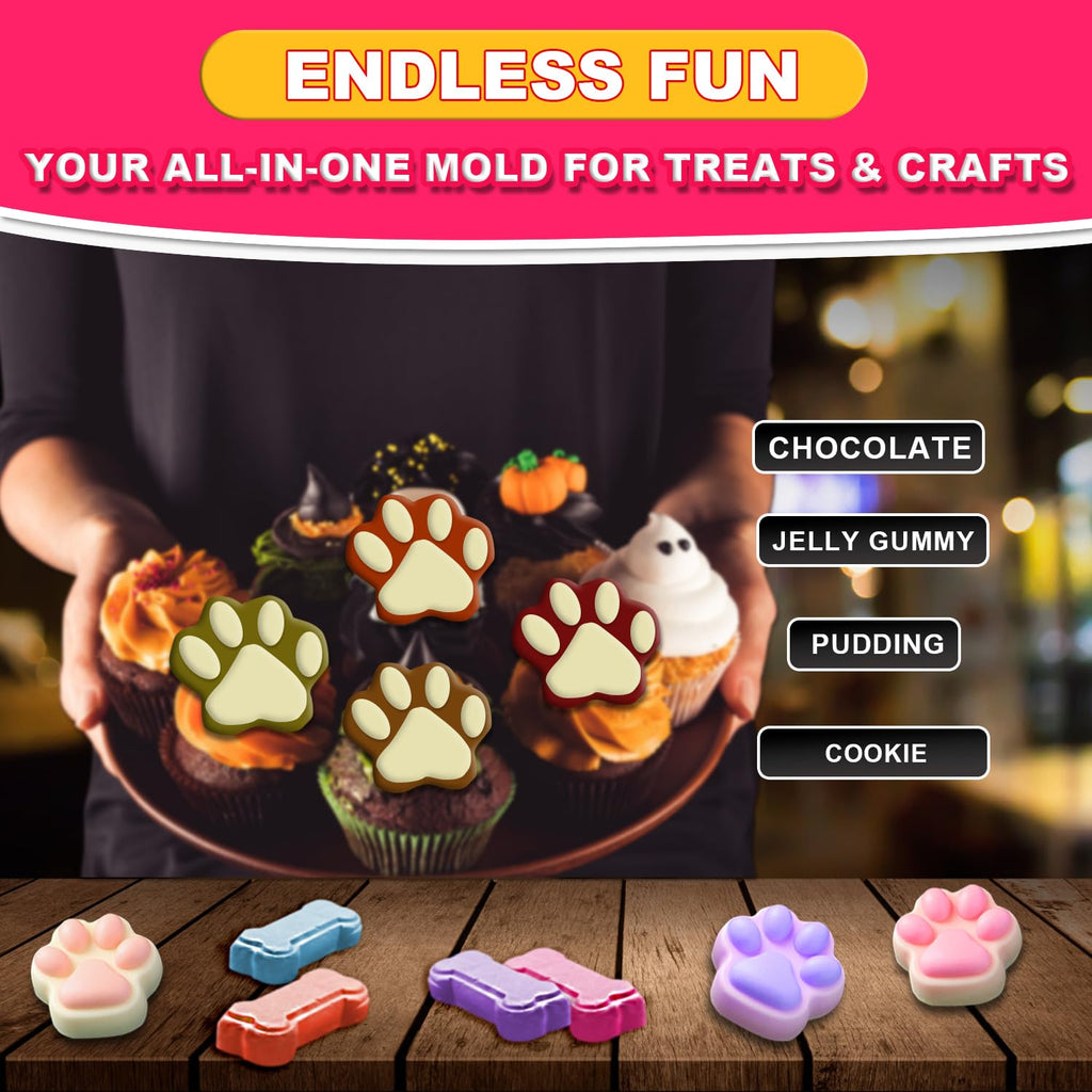 Ossryta 3Pcs Puppy Paw & Bone Silicone Molds - Non-Stick Candy Mold, Reusable Ice Cube Molds for Frozen Dog Treats, Chocolate, Jelly, Biscuit - Food Grade 2-in-1 Dog Treat Mold for Baking and Freezing