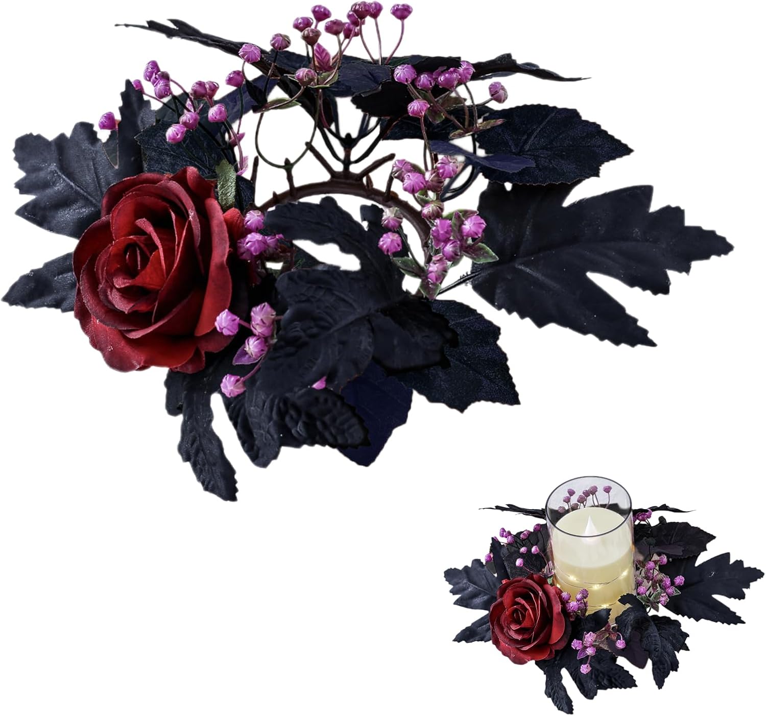 Regine Switzerland Halloween Candle Rings - Artificial Maple Leaf & Rose Flower Wreath | Festive Table Centerpiece Decor