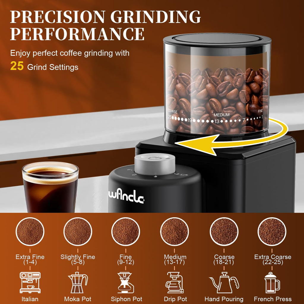 Wancle Conical Burr Coffee Grinder Electric - 200W Compact Automatic Coffee Bean Grinder with 25 Setting Adjustable, Low Noise Espresso Coffee Grinder,One-Touch Operation with Self-Cleaning Blower