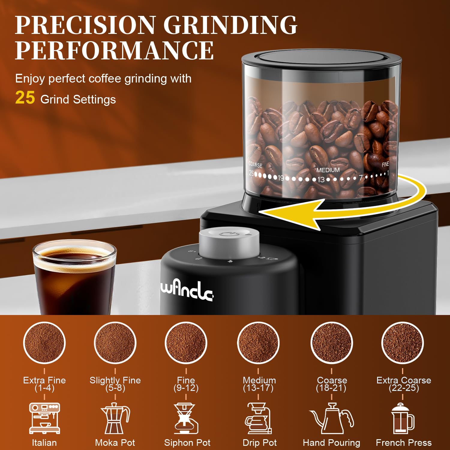 Wancle Conical Burr Coffee Grinder Electric - 200W Compact Automatic Coffee Bean Grinder with 25 Setting Adjustable, Low Noise Espresso Coffee Grinder,One-Touch Operation with Self-Cleaning Blower
