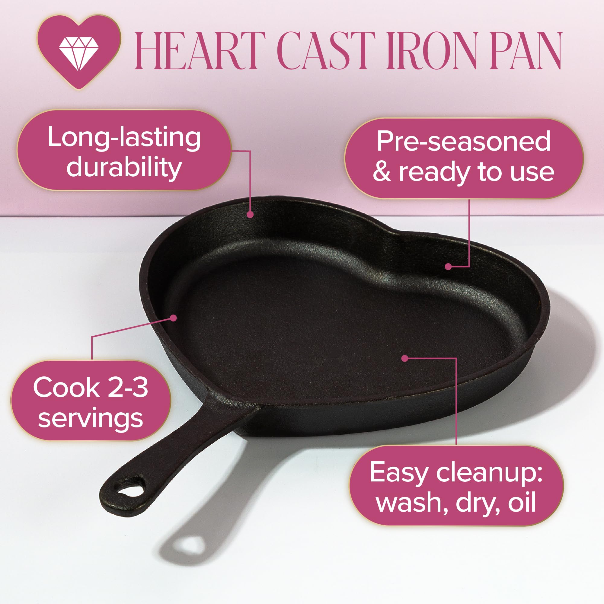 Paris Hilton Pre-Seasoned Cast Iron Heart Skillet Pan, Heavy-Duty Frying Pan for Cooking, Baking & Searing, Oven Safe, Stovetop Compatible, 10-Inch