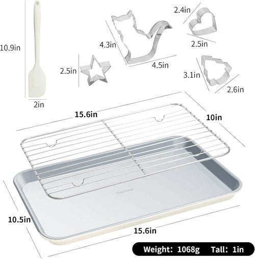 7PCS Ceramic-Coated Baking Sheet Set - Non-Stick Jelly Roll Pan & Cookie Sheet with Rack, Spatula & Cutters | PFAS Free, Oven Safe to 550°F, Sunshine Cream