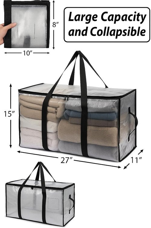 Heavy Duty Clear Tote Bag - Extra Large Durable Storage Bin with Zippered Closure & Reinforced Handles for Home, Travel & Garage Use
