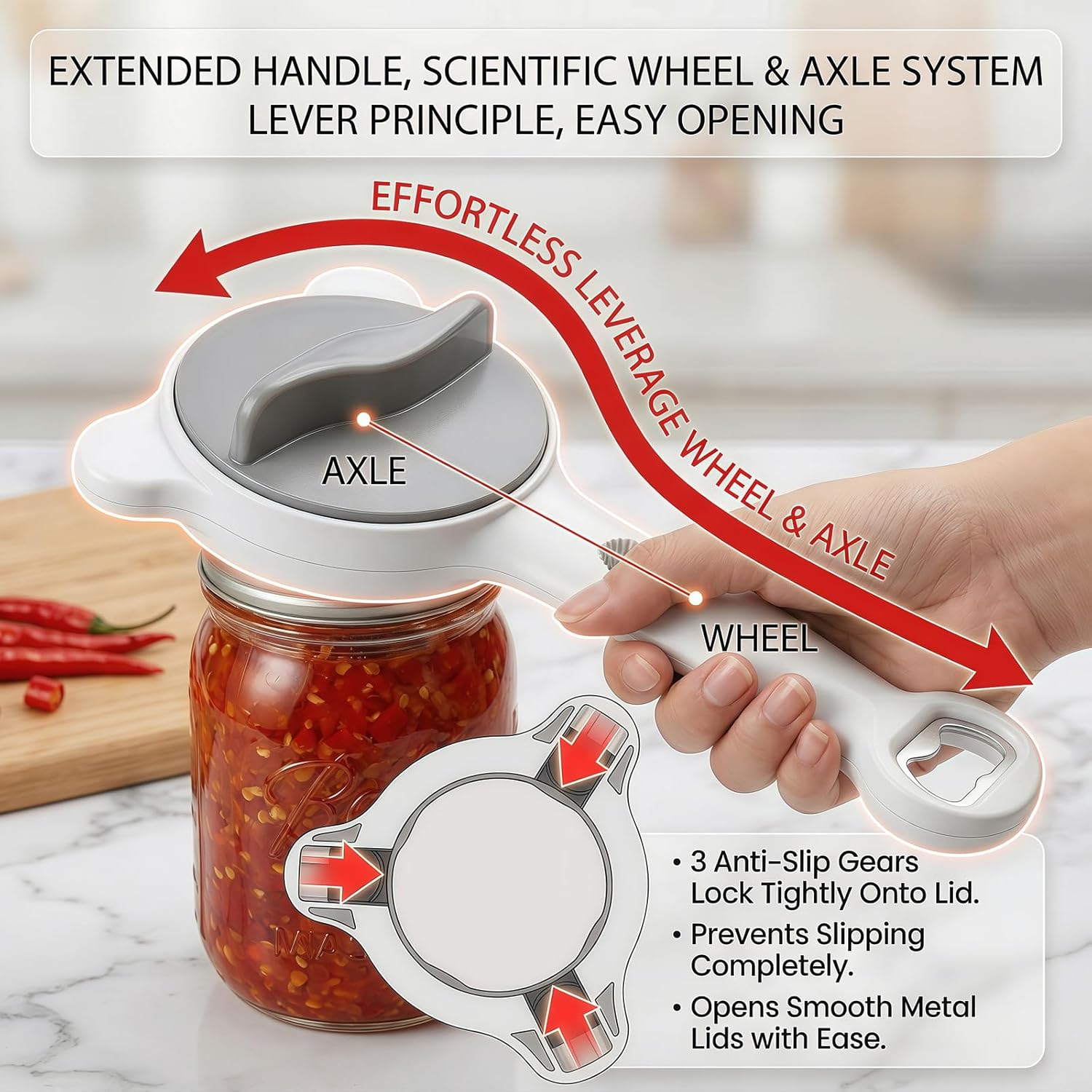 4-in-1 Adjustable Jar Opener by [Brand Name] - Ergonomic Non-Slip Handle for Seniors | Multi-Size Lid Remover (Grey)