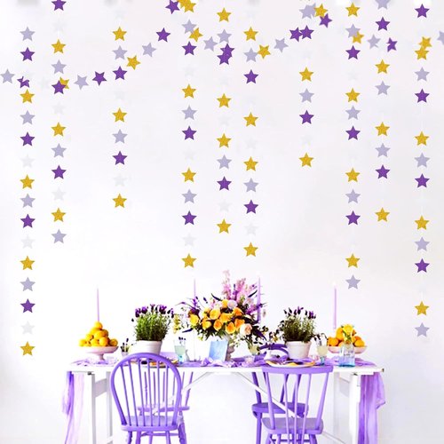 Hugtmr Star Garland - 62ft Purple Lavender & White Gold Party Decorations for Birthdays, Weddings & Showers