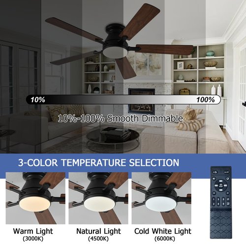 Ayaoty 54 inch Ceiling Fans with Lights and Remote, Low Profile Ceiling Fan with Light, Flush Mount, Reversible, 3CCT, Dimmable, Noiseless, Brown Ceiling Fan for Bedroom, Indoor/Outdoor Use