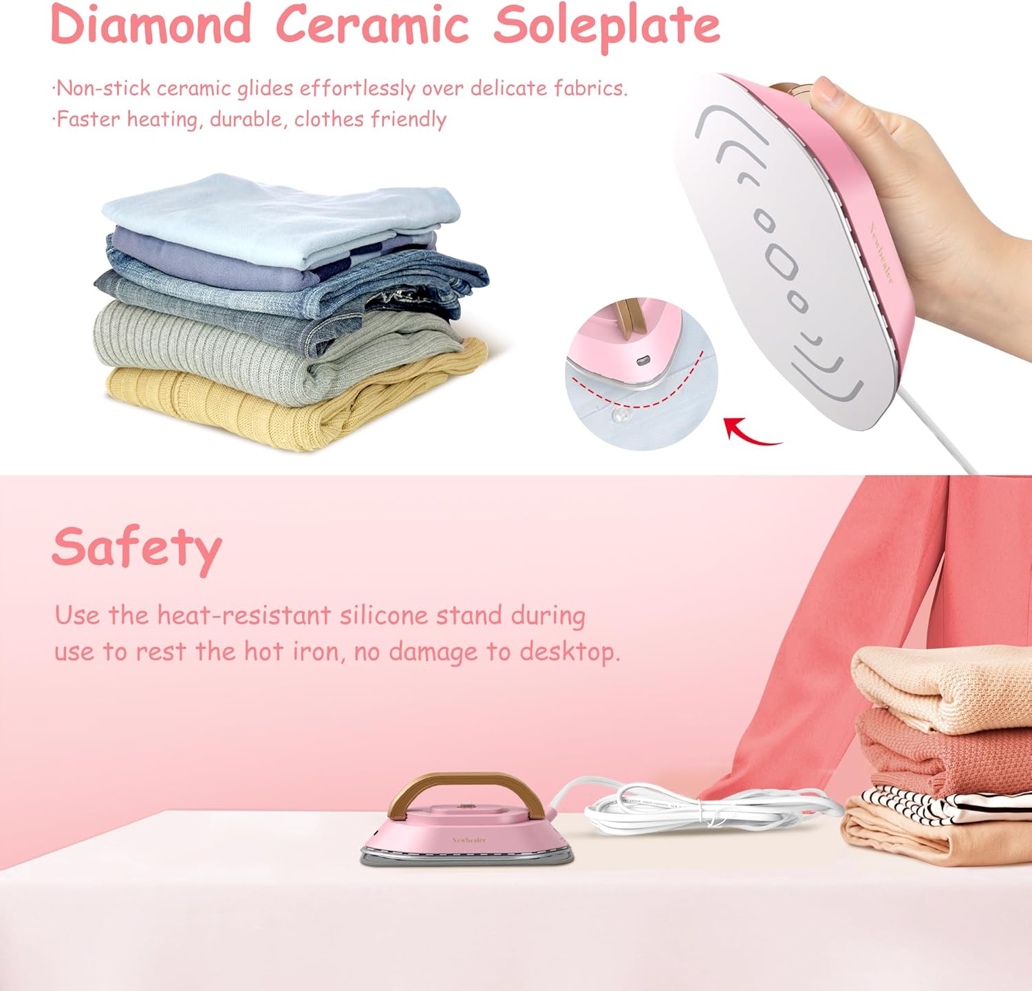 Newbealer Travel Iron - Mini Dry Iron with Global Voltage, 300W Power, Non-Stick Soleplate | Pink, Ultra-Lightweight