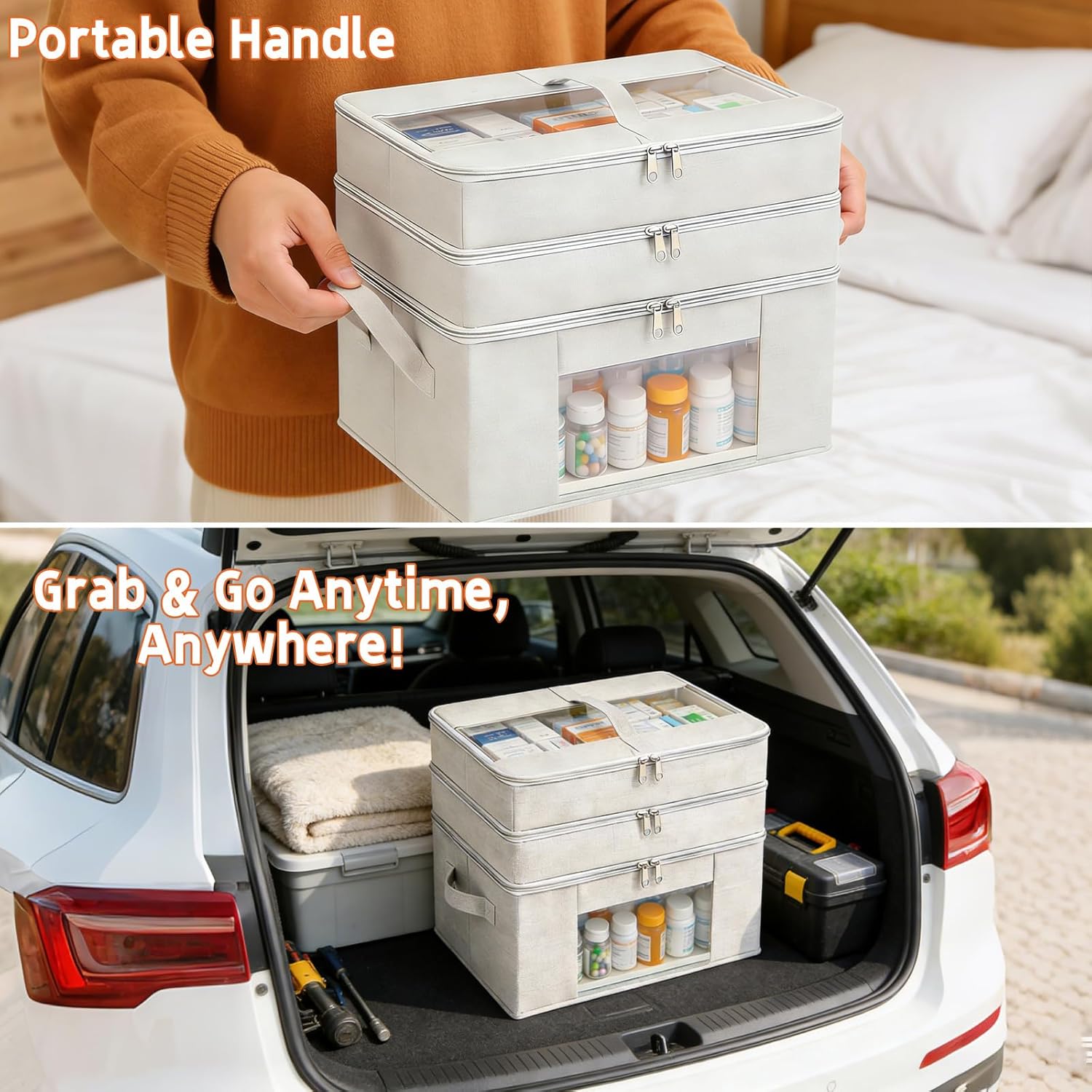 Skiennix 3-Tier Medicine Cabinet Organizer - Foldable Fabric Storage Box with Clear Cover & Handle | Ideal for Home & Travel