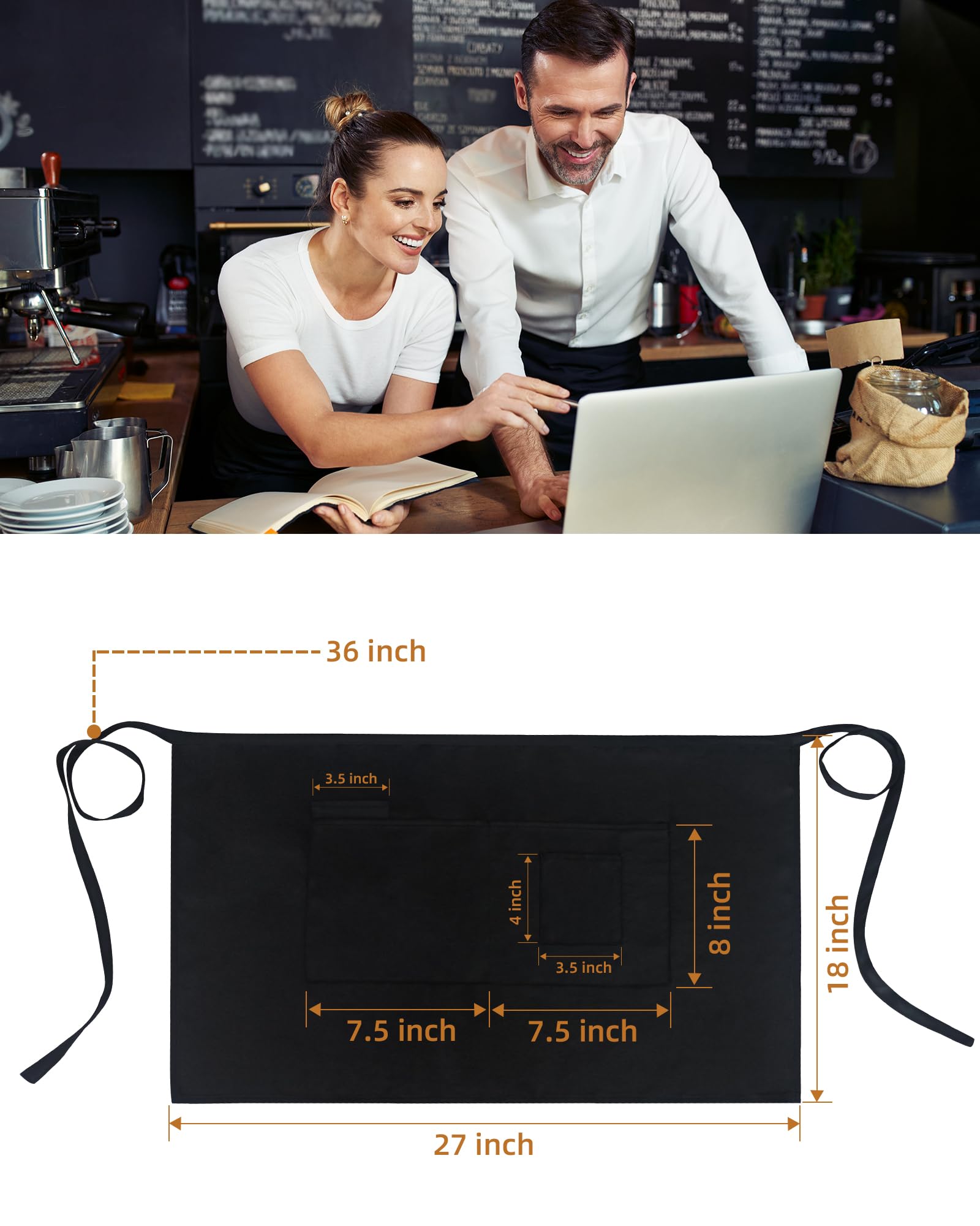 Xeoxarel 1 Pack Bistro Half Aprons with 4 Pockets, Unisex Waitress Waiter Waist Server Apron for Women and Men 27''X18''
