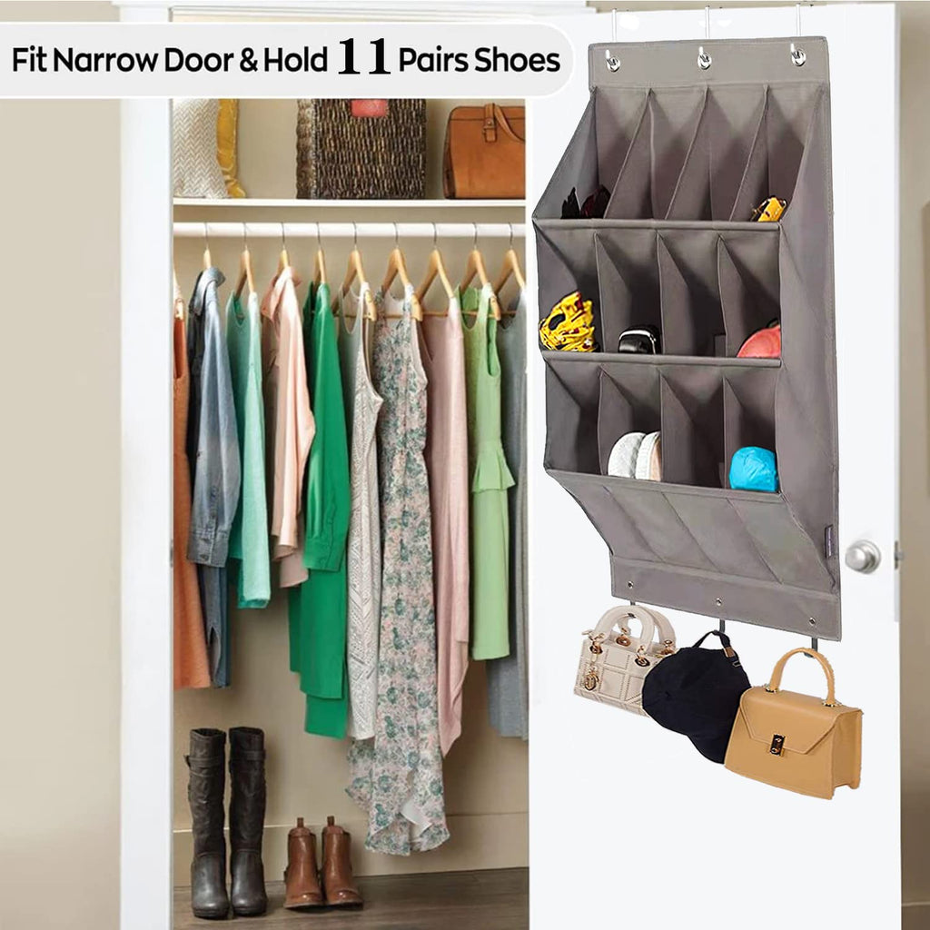 NELLHOMY Over the Door Shoe Organizer, Grey 12 Pockets Hanging Shoe Storage Rack with Large Deep Pockets, Oxford 600D Fabric Shoe Storage Rack with 6 hook for Shoes, Home Accessories etc