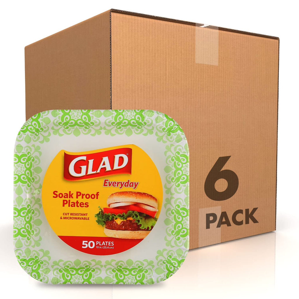 Glad Square Heavy Duty Paper Plates Soak Proof Cut Proof Microwaveable Disposable Plates Parties Everyday Meals Green Victorian Floral Pattern 10 Inch 50 Count 6 Pack Pantry Stocking Bulk Value