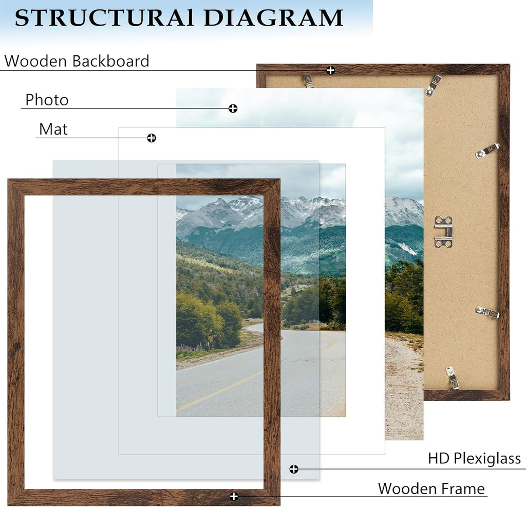 Skiennix 11x14 Picture Frame - Deep Brown Wood Frame with 8x10 Mat for Wall Display