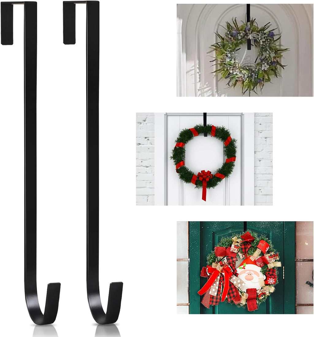 PECULA Wreath Hangers - 2 Pack 14" Metal Door Hooks | 40lb Load-Bearing for Decorations (Black)