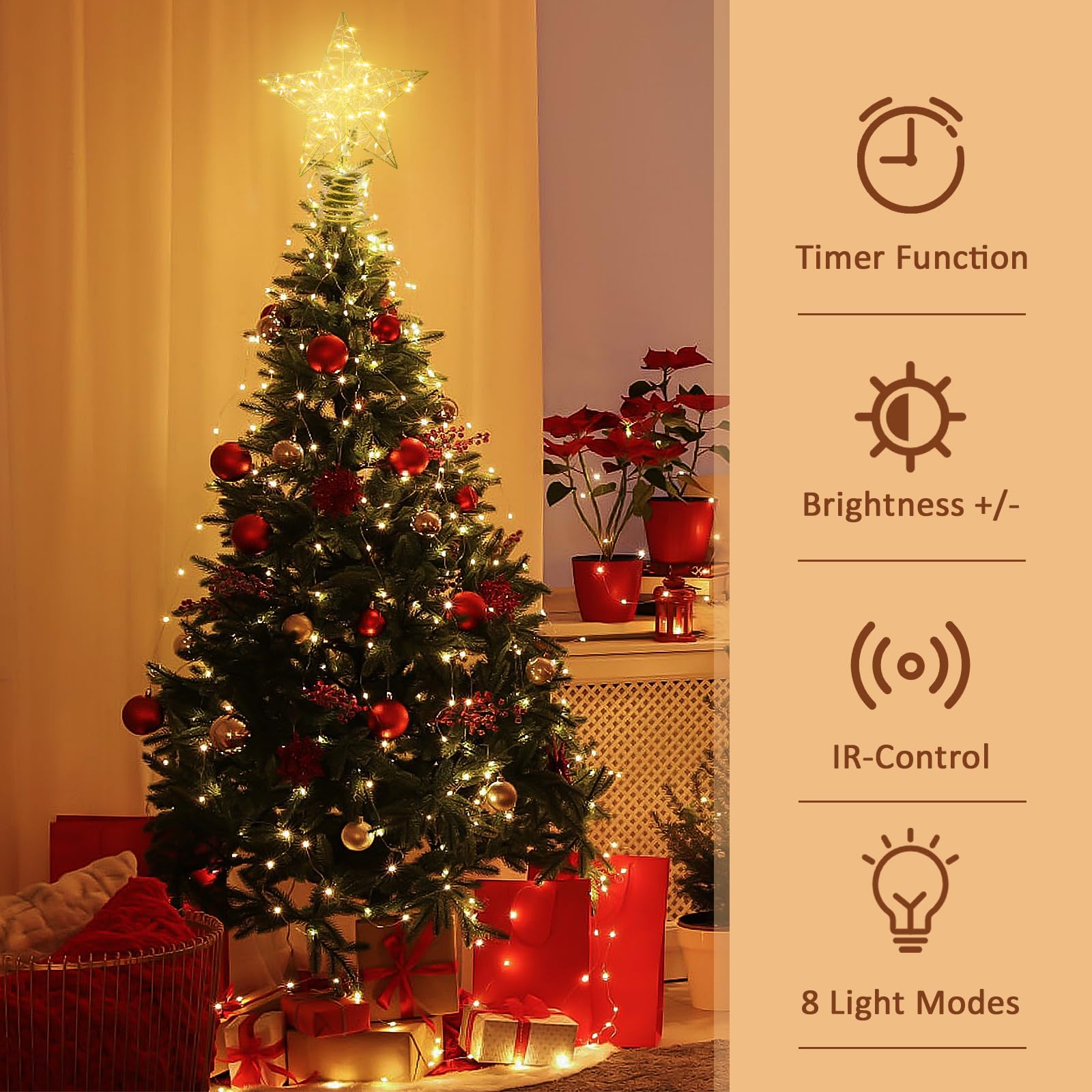 Verdenu 10'' Christmas Tree Topper Lighted in 8 Modes, Christmas Star Tree Topper with 40 LED Lights, Metal Star Tree Topper with Remote Control for Christmas Decorations, Home Decorations (Gold)