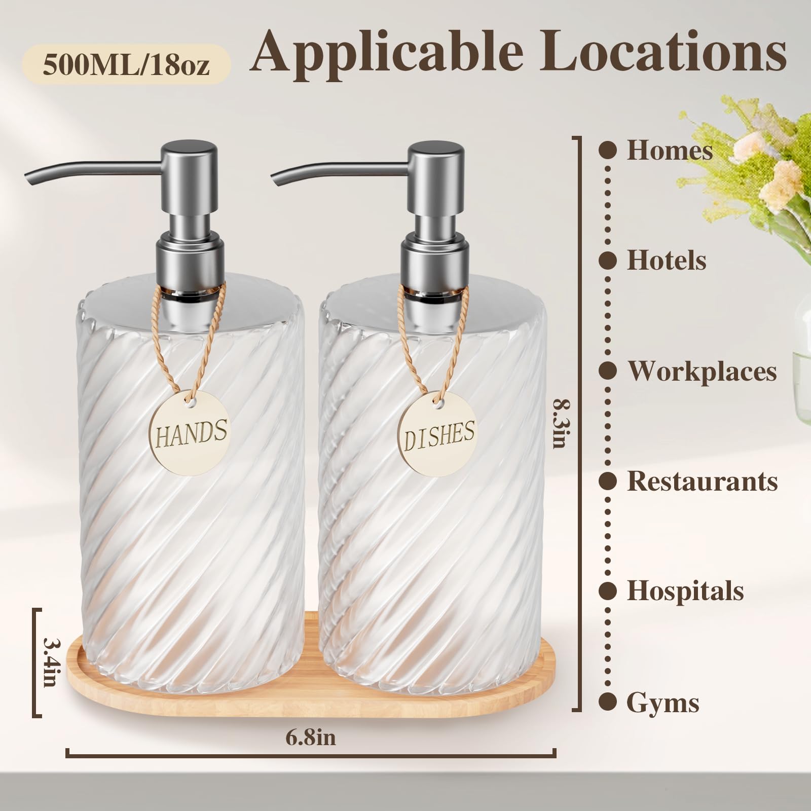 18Oz Spiral Stripe Soap Dispenser Set - Silver Stainless Steel Pump with Wood Tray, Refillable for Kitchen Sink & Bathroom Vanity, Dish Liquid & Hand Soap Storage Solution